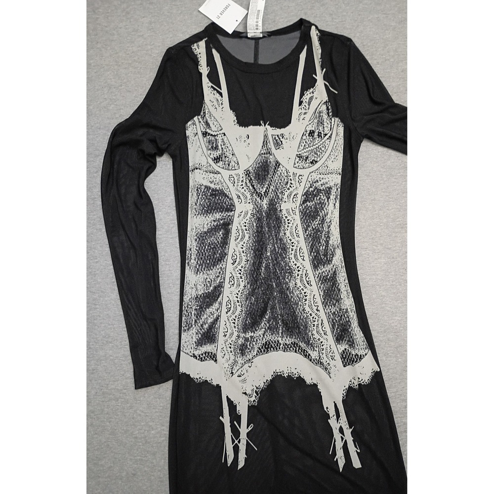 Forever 21 Womens Black Sheer Mesh Trompe L'oeil Corset Garter Mini Dress Medium